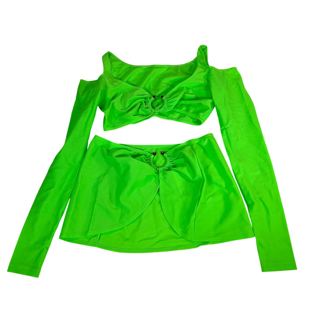 Latin Angel VTG Neon Green 2 Piece Set Cold Shoulder Crop Top Mini Skirt Small